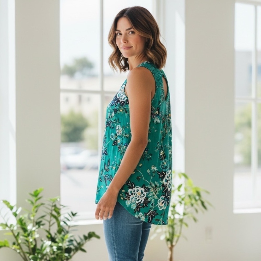 Daniel Rainn Teal Green Floral Crochet Lace Top Bohemian Feminine Botanical 1X - Picture 9 of 11